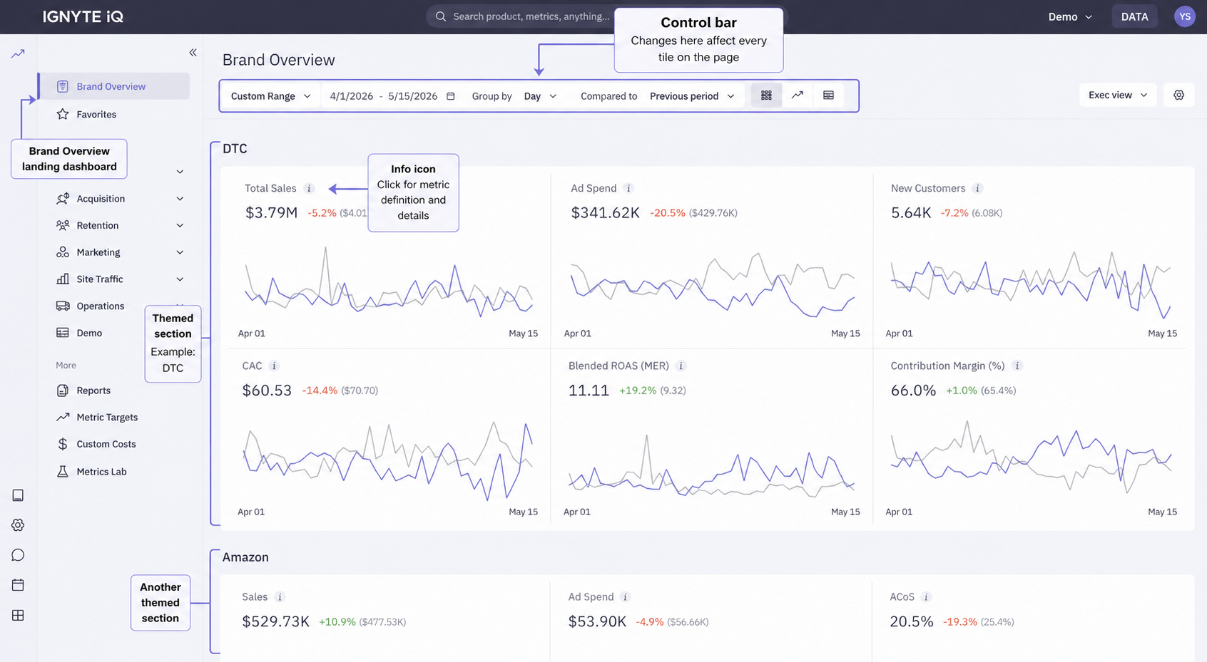 Brand Overview at full page: the control bar across the top, channel filter chips, then metric tiles grouped into themed sections (DTC, Marketplaces, Marketing, and so on).