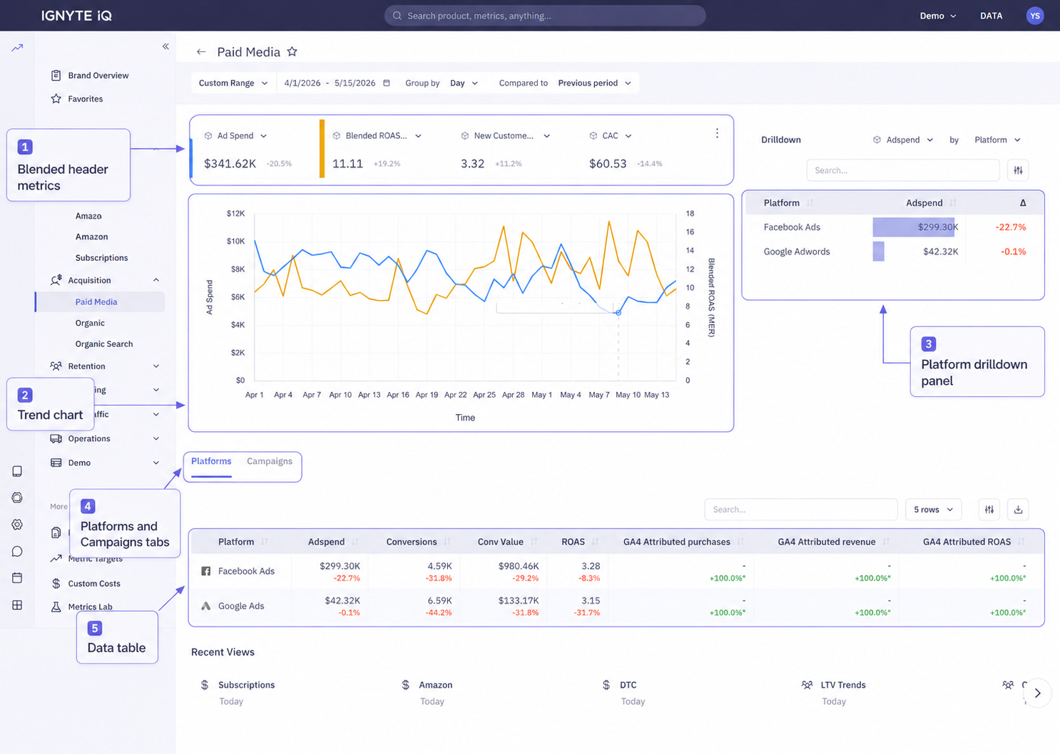 The Paid Media dashboard at full page — blended header metrics, trend chart, platform drilldown panel, and the data table.